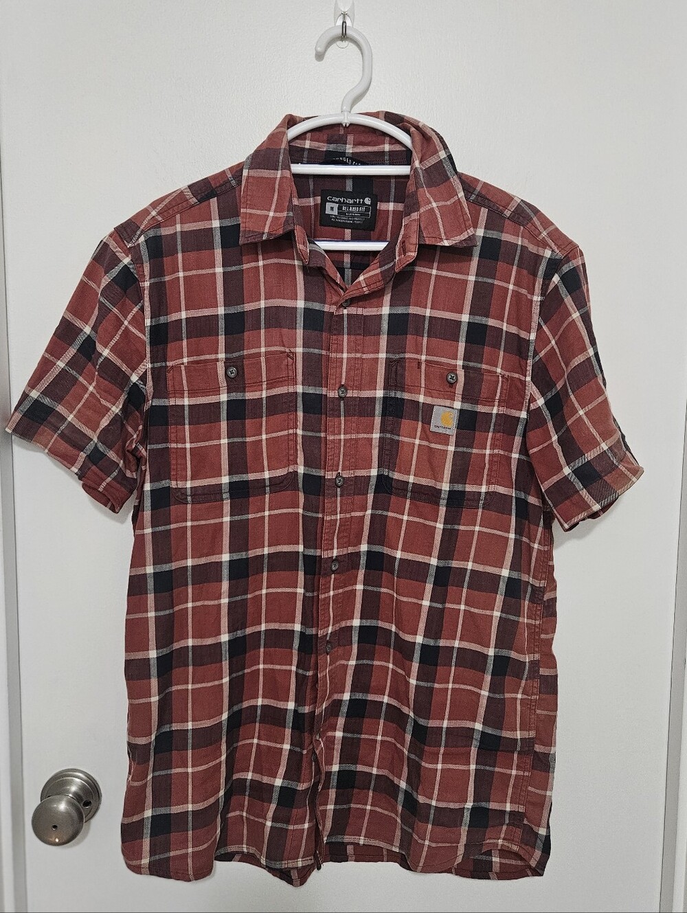 Carhartt Rugged Flex Relaxed Fit Red Black Plaid Short-Sleeve Button-Up Shirt M